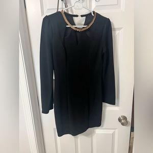 Black mini dress - long sleeves - gold beading neck line